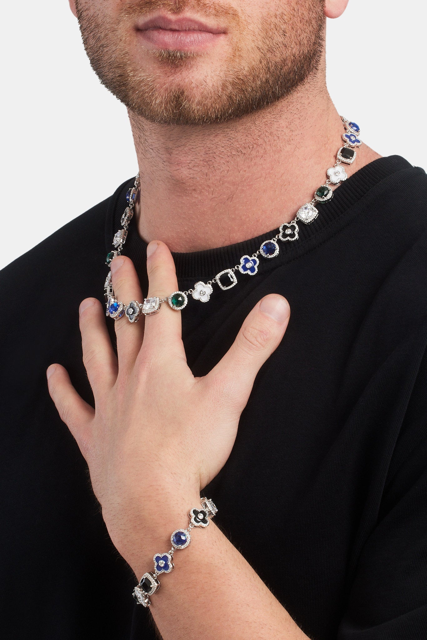 Blue Multi Gem + Motif Chain & Bracelet - White - 10mm